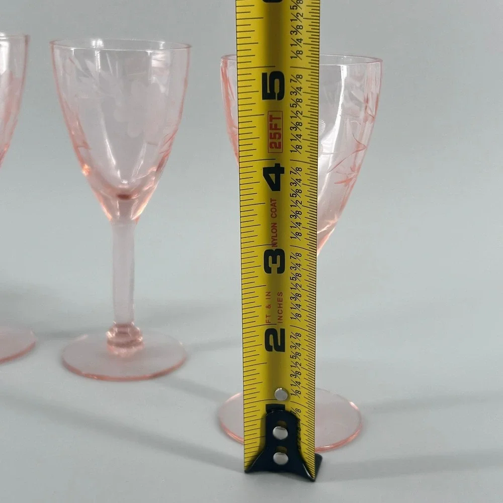 VTG Pink Depression Glass Etched Floral Wine Cordial Shot Set of 3 Stemware 5